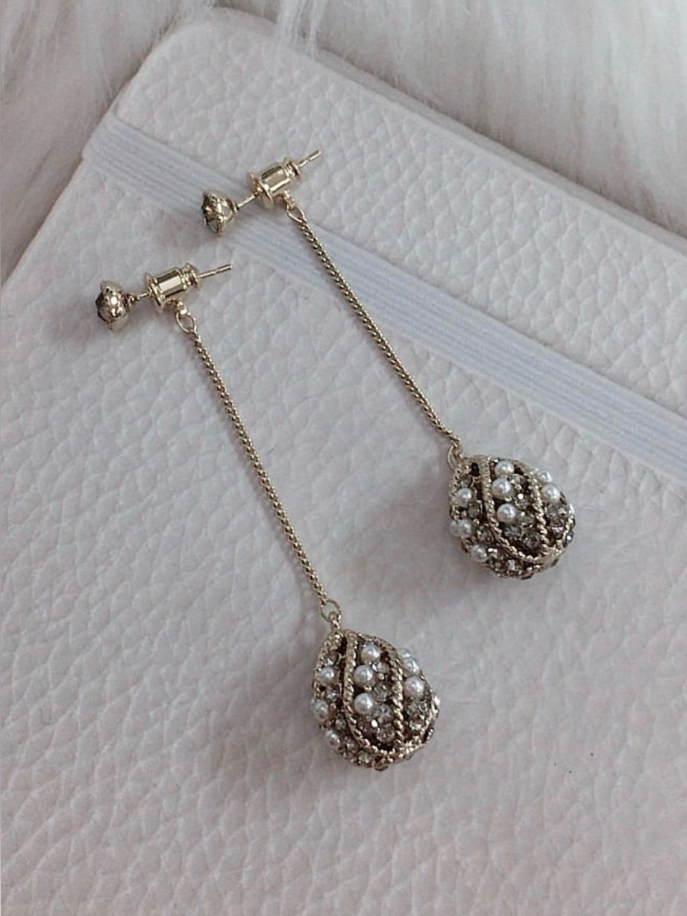 Gold Drop Pearl & Crystal Dangle Earrings